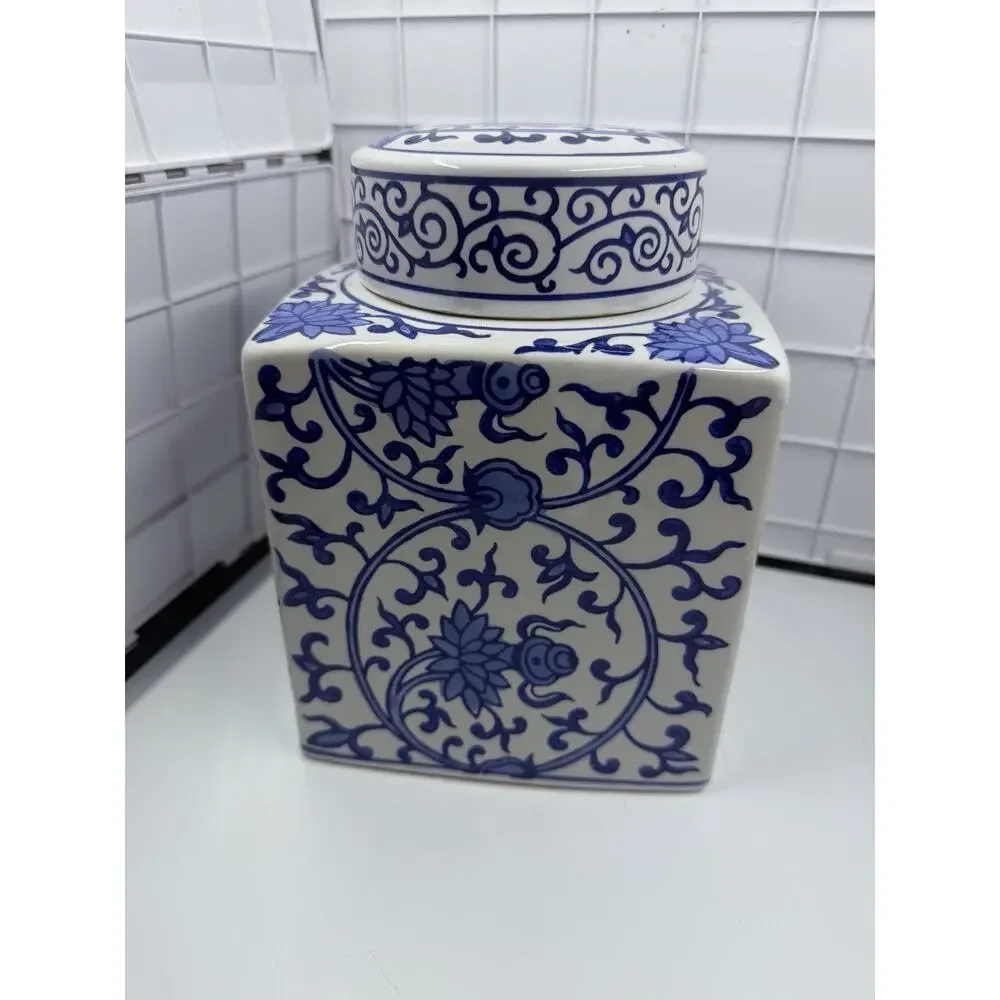 Vintage Asian Blue White Porcelain Tea Caddy, Lidded Jar, Lotus Flowers